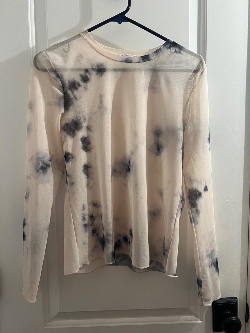 Zara Cream and Black Sheer Tie-Dye Long Sleeve Top